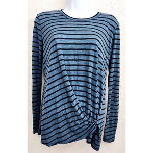 Stateside Blue Black Striped Twisted Hem Round Neck Top Medium Lightweight